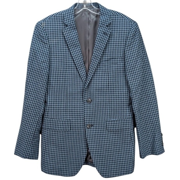 Perry Ellis Portfolio Blazer Sport Coat Mens Linen Blue Gingham Slim Fit‎ Sz 36R - Picture 1 of 14
